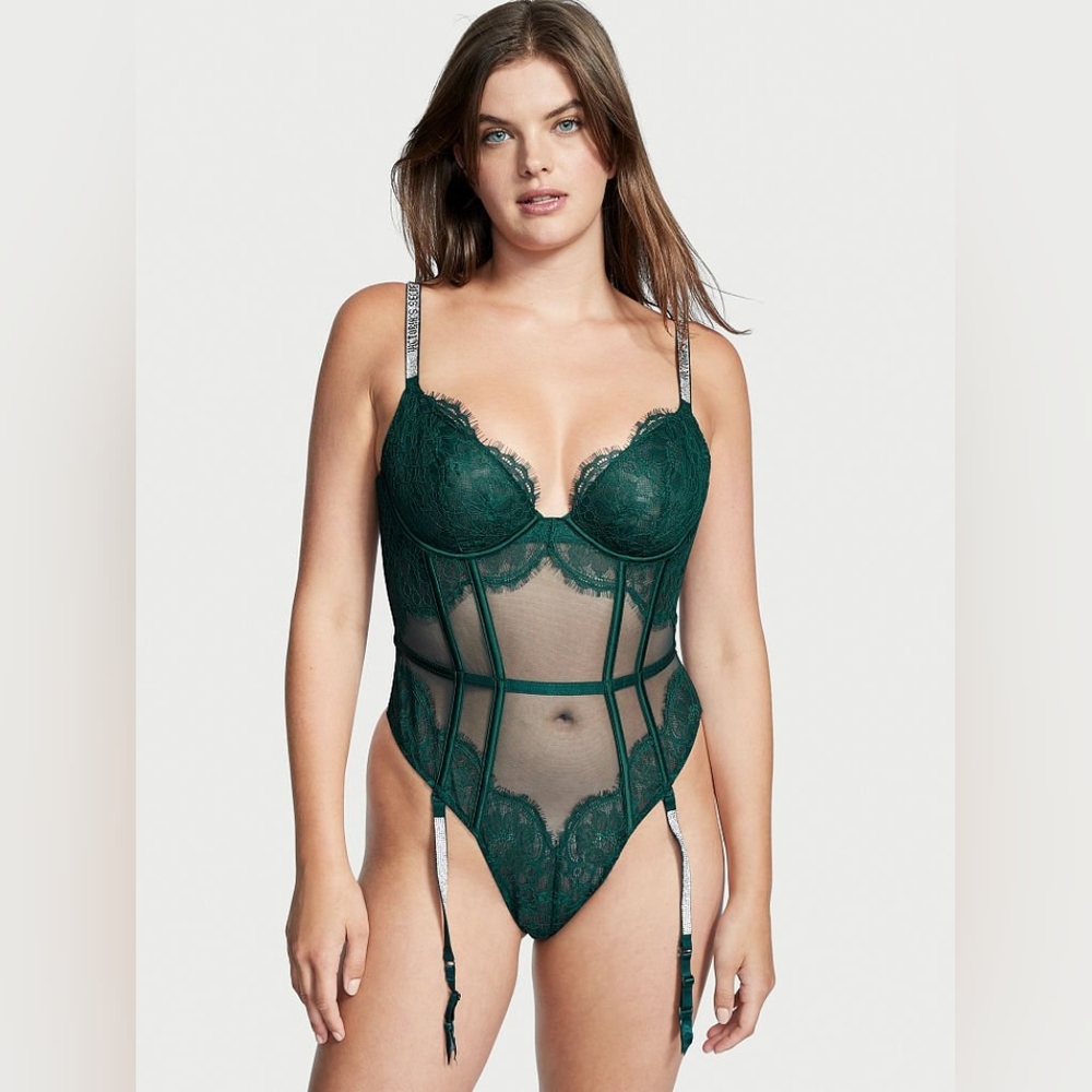 VICTORIA'S SECRET Very Sexy Shine Strap Lace Teddy Garters Green Lingerie